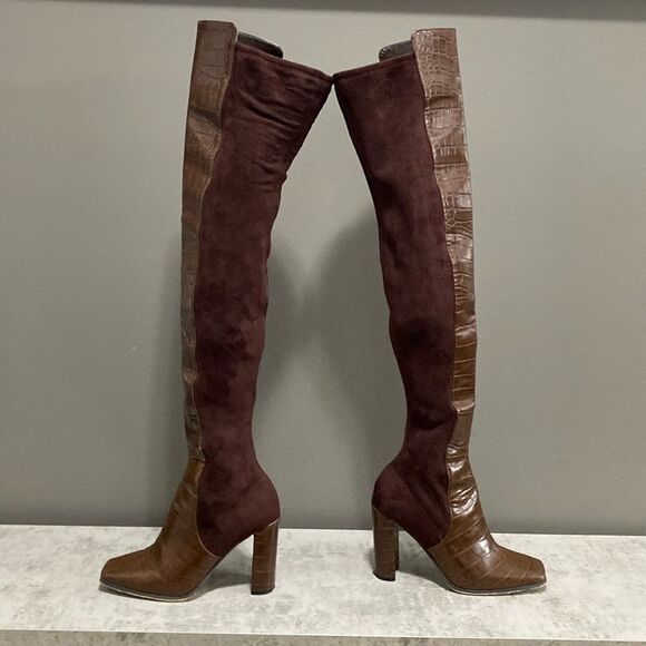 Aldo Flex Chocolate Brown Faux Croc Leather & Suede Thigh High Boots SZ 7.5 - Picture 1 of 15